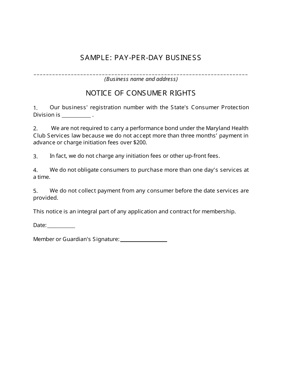 Sample Notice of Consumer Rights - Pay-Per-Day Business - Maryland, Page 1