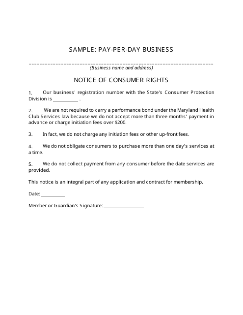 Sample Notice of Consumer Rights - Pay-Per-Day Business - Maryland