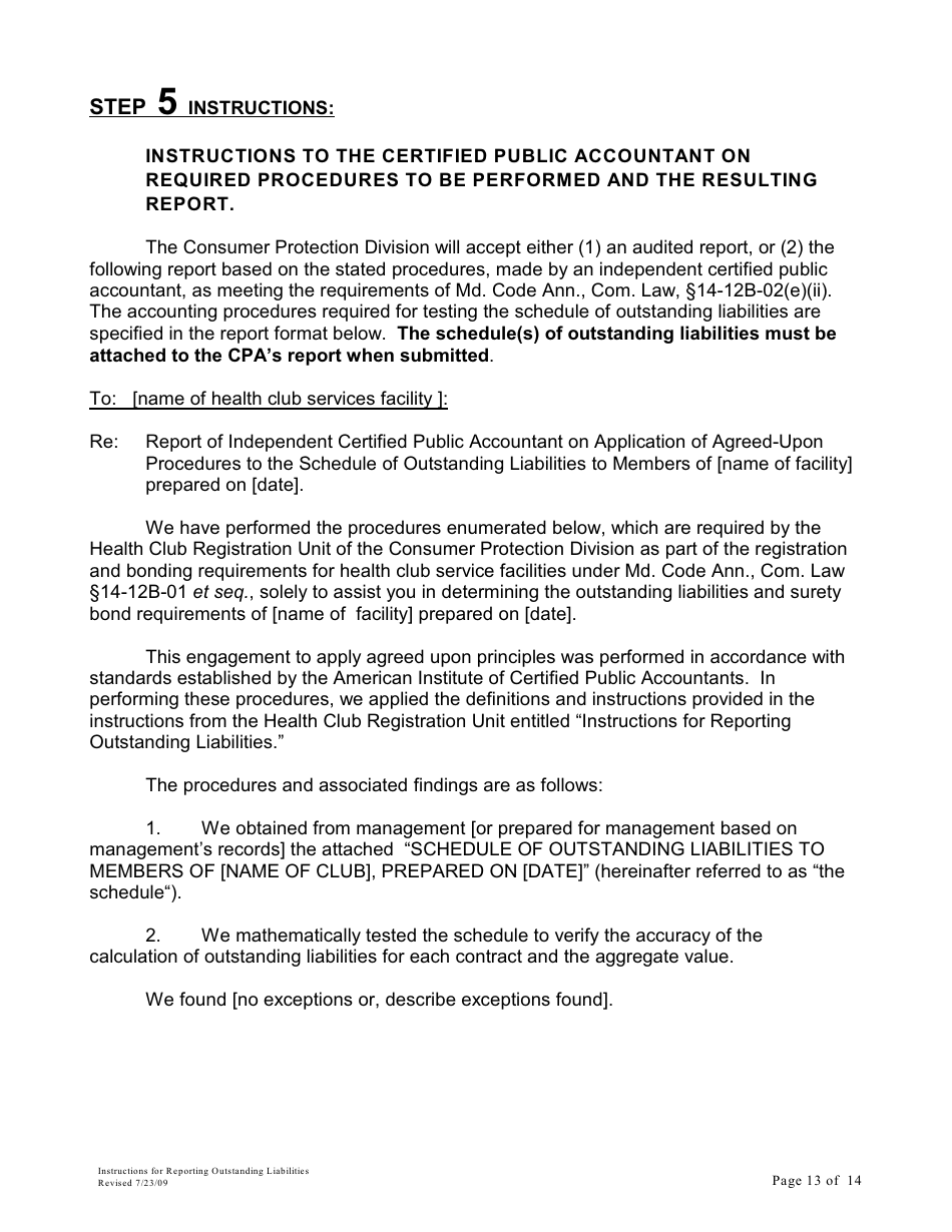 Instructions for Reporting Outstanding Liabilities and Instructions for the Report by a Certified Public Accountant - Maryland, Page 13