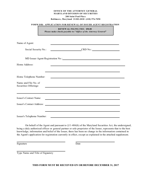 Form ISR Application for Renewal of Issuer Agent Registration - Maryland