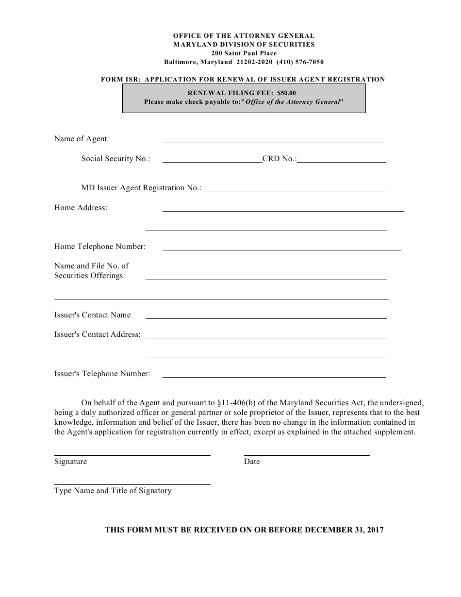 Form ISR Application for Renewal of Issuer Agent Registration - Maryland, Page 1