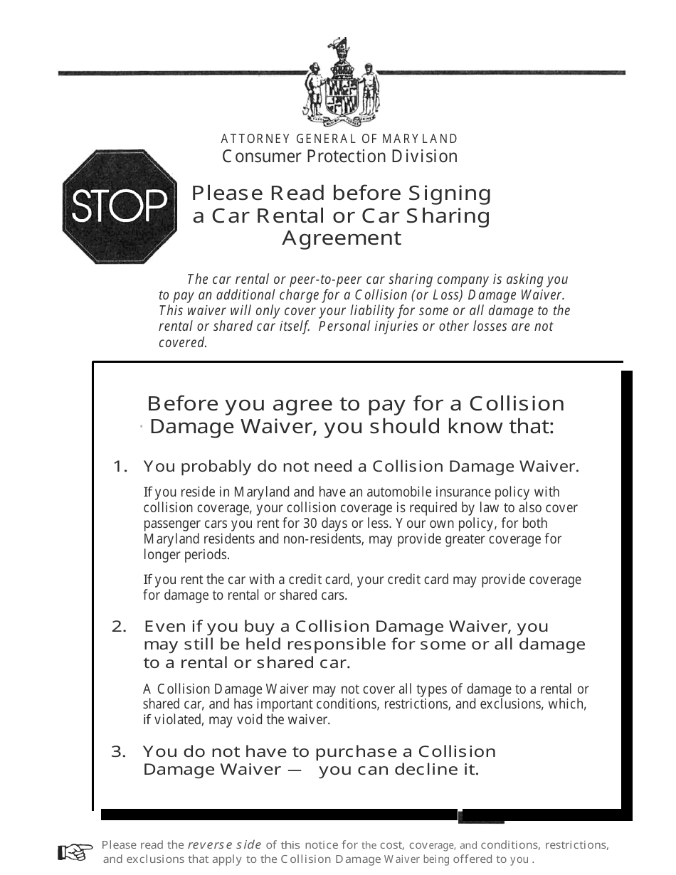 Collision Damage Waiver Disclosure Form - Maryland, Page 1
