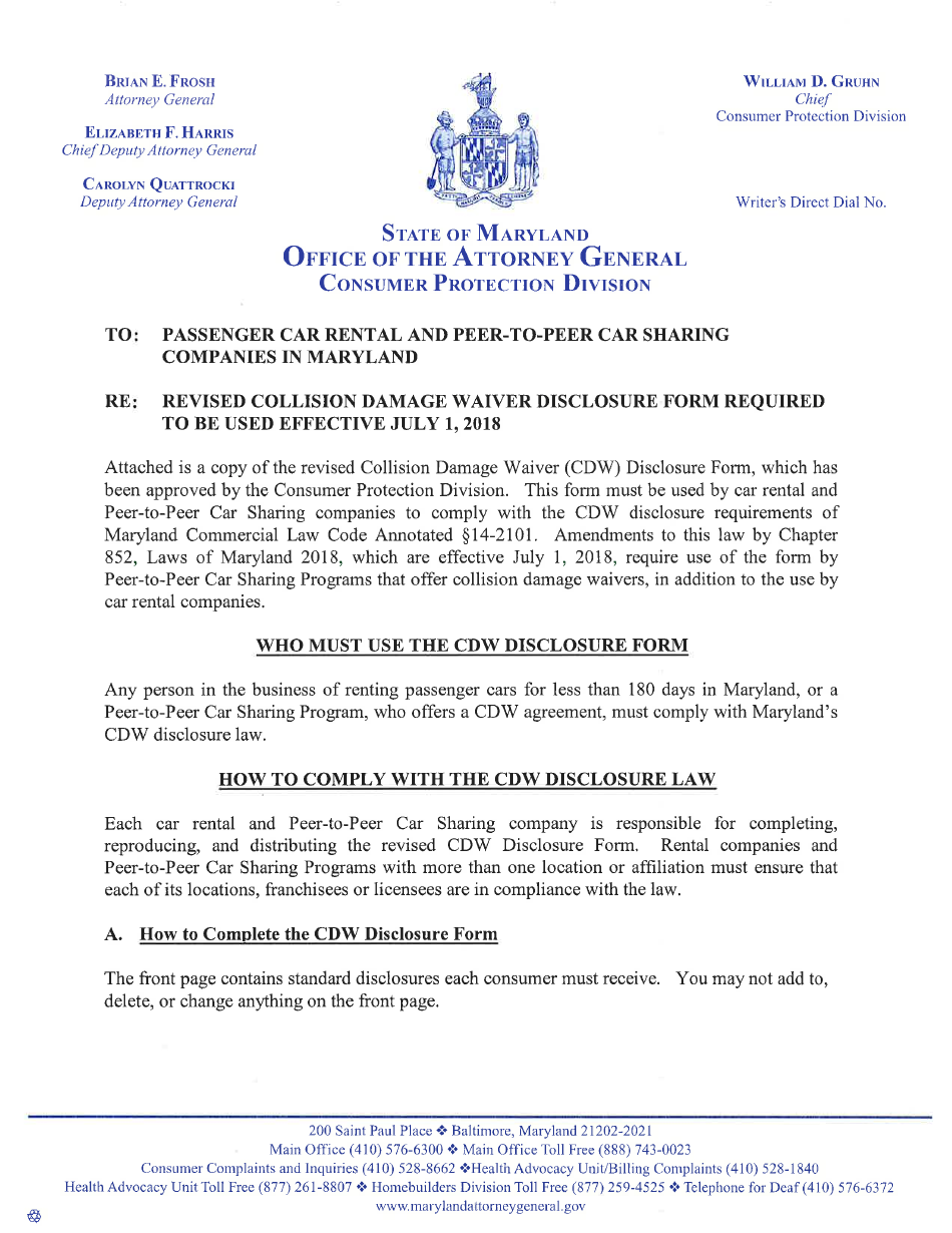 Instructions for Collision Damage Waiver Disclosure Form - Maryland, Page 1