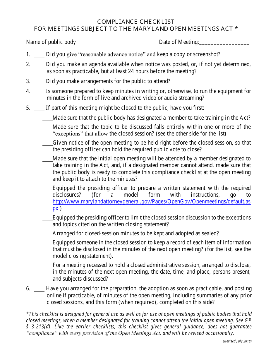 Compliance Checklist for Meetings Subject to the Maryland Open Meetings Act - Maryland, Page 1
