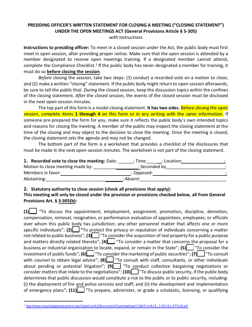 Statement for Closing a Meeting - Maryland Download Pdf