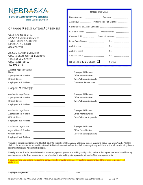 Carpool Registration Agreement Form - Nebraska Download Pdf