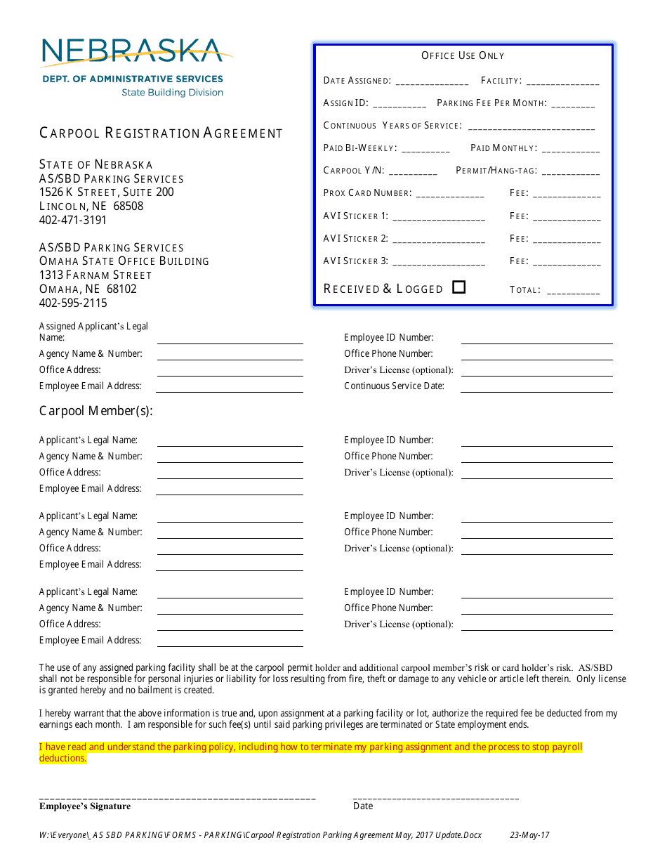 Carpool Registration Agreement Form - Nebraska, Page 1