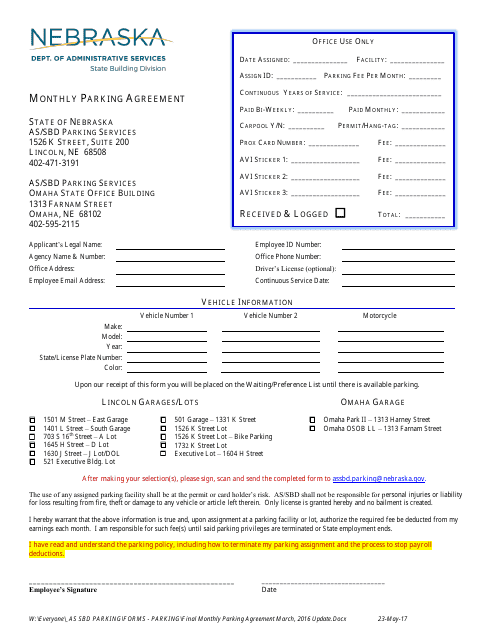 Monthly Parking Agreement Form - Nebraska Download Pdf