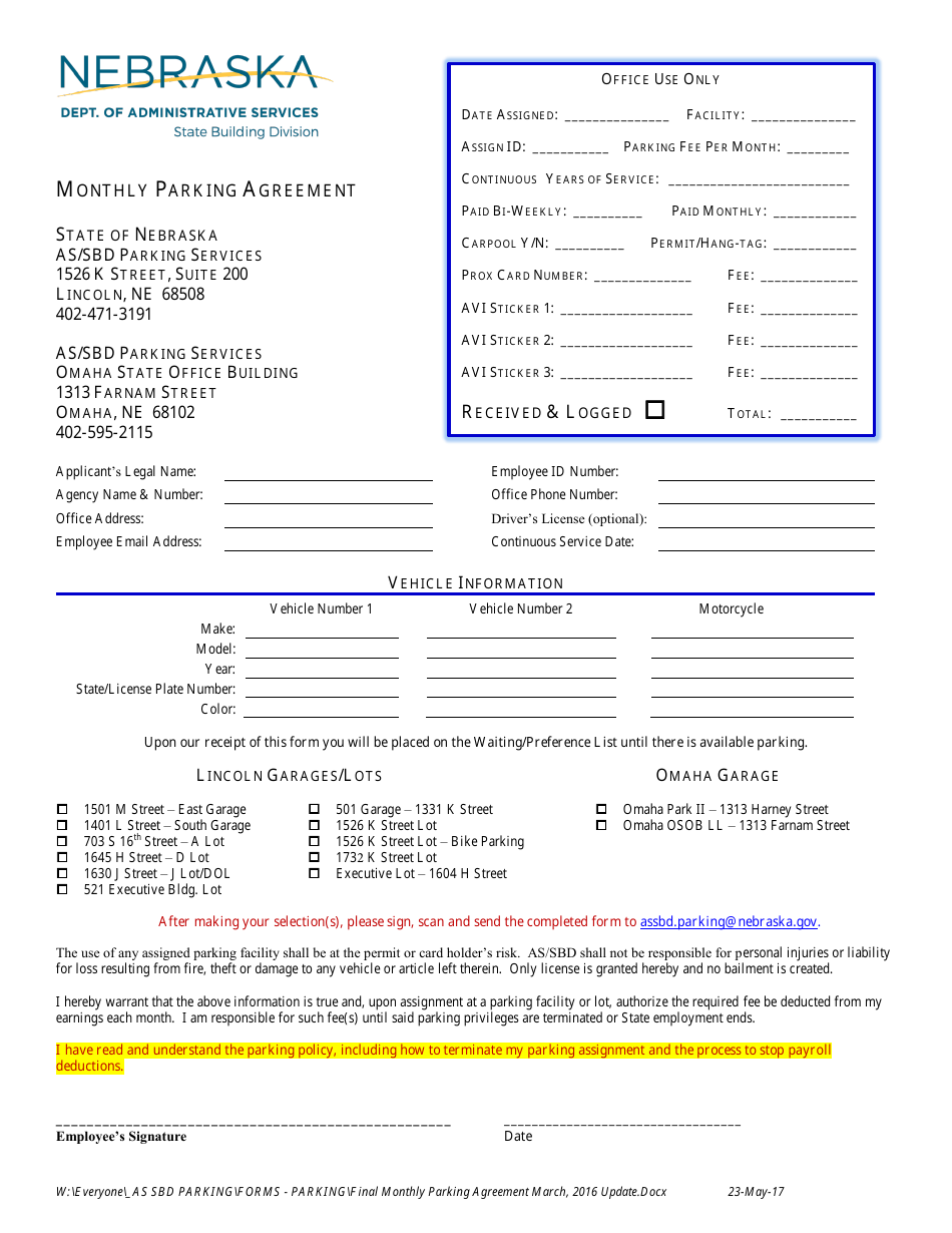 Monthly Parking Agreement Form - Nebraska, Page 1