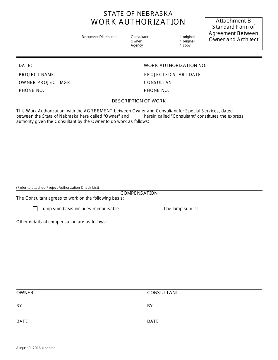 Attachment B Standard Form of Agreement Between Owner and Architect - Sbd Work Authorization - Nebraska, Page 1