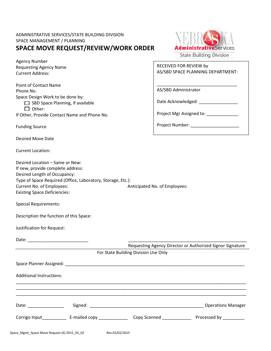 Space Move Request / Review / Work Order Form - Nebraska, Page 1