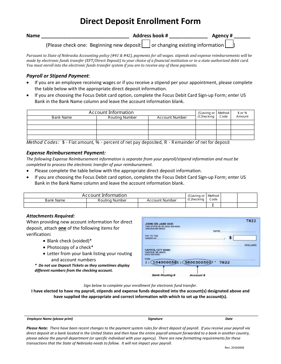 Direct Deposit Enrollment Form - Nebraska, Page 1