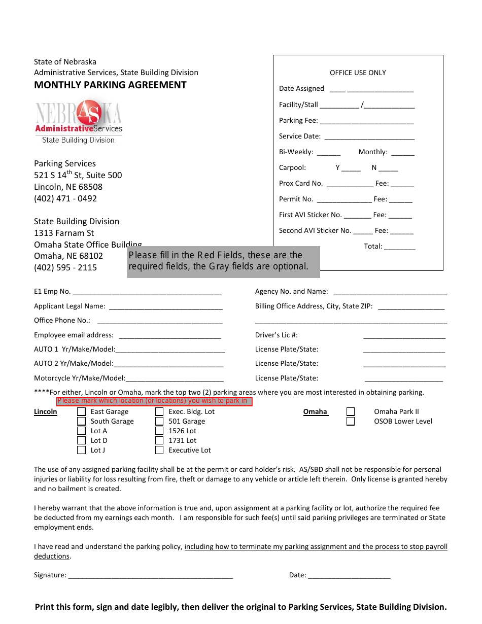 Monthly Parking Agreement Form - Nebraska, Page 1