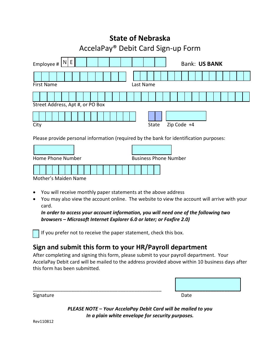 Accelapay Debit Card Sign-Up Form - Nebraska, Page 1
