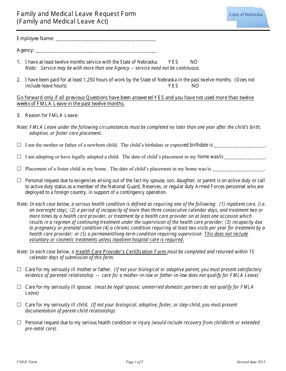 Family and Medical Leave Request Form - Nebraska, Page 1