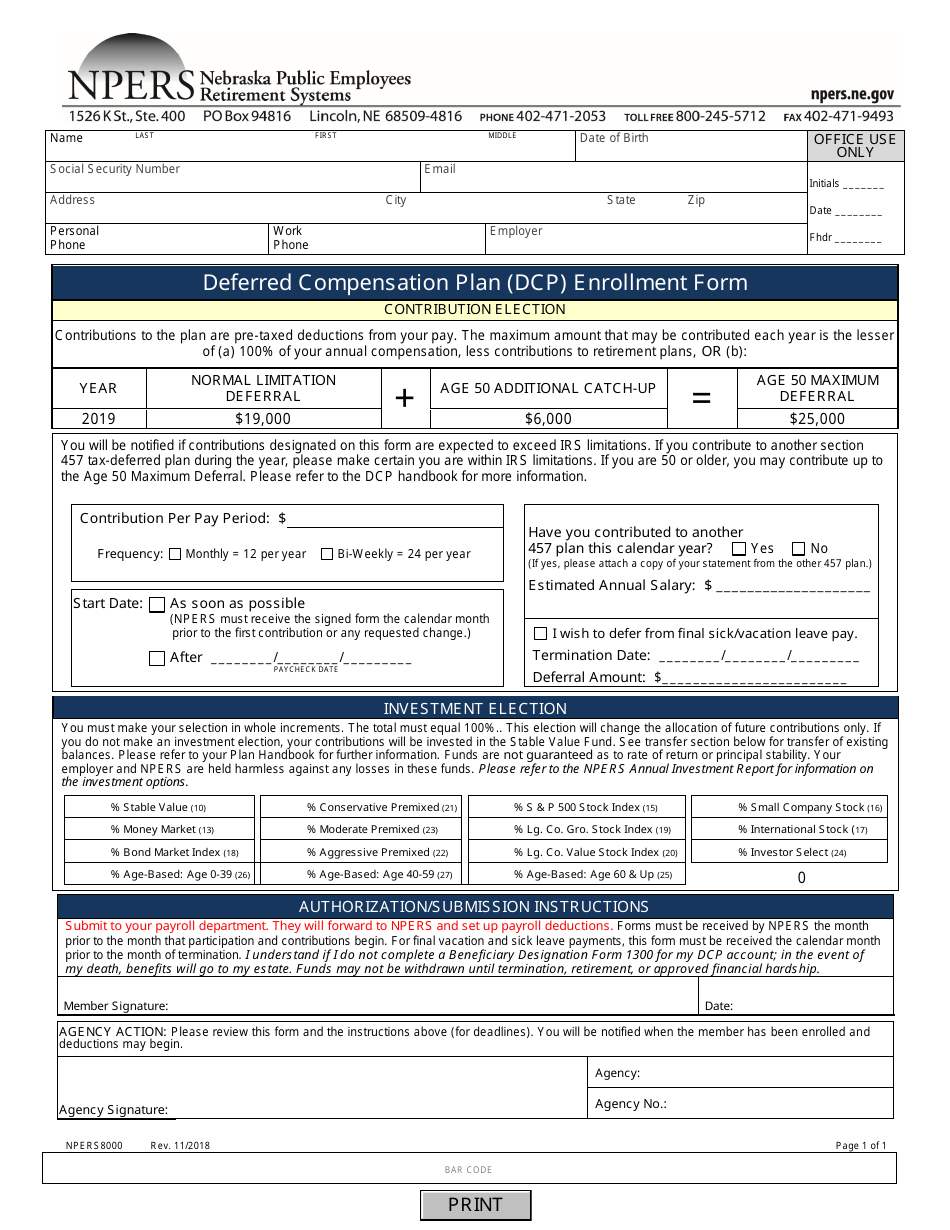 Form NPERS8000 Deferred Compensation Plan (Dcp) Enrollment Form - Nebraska, Page 1
