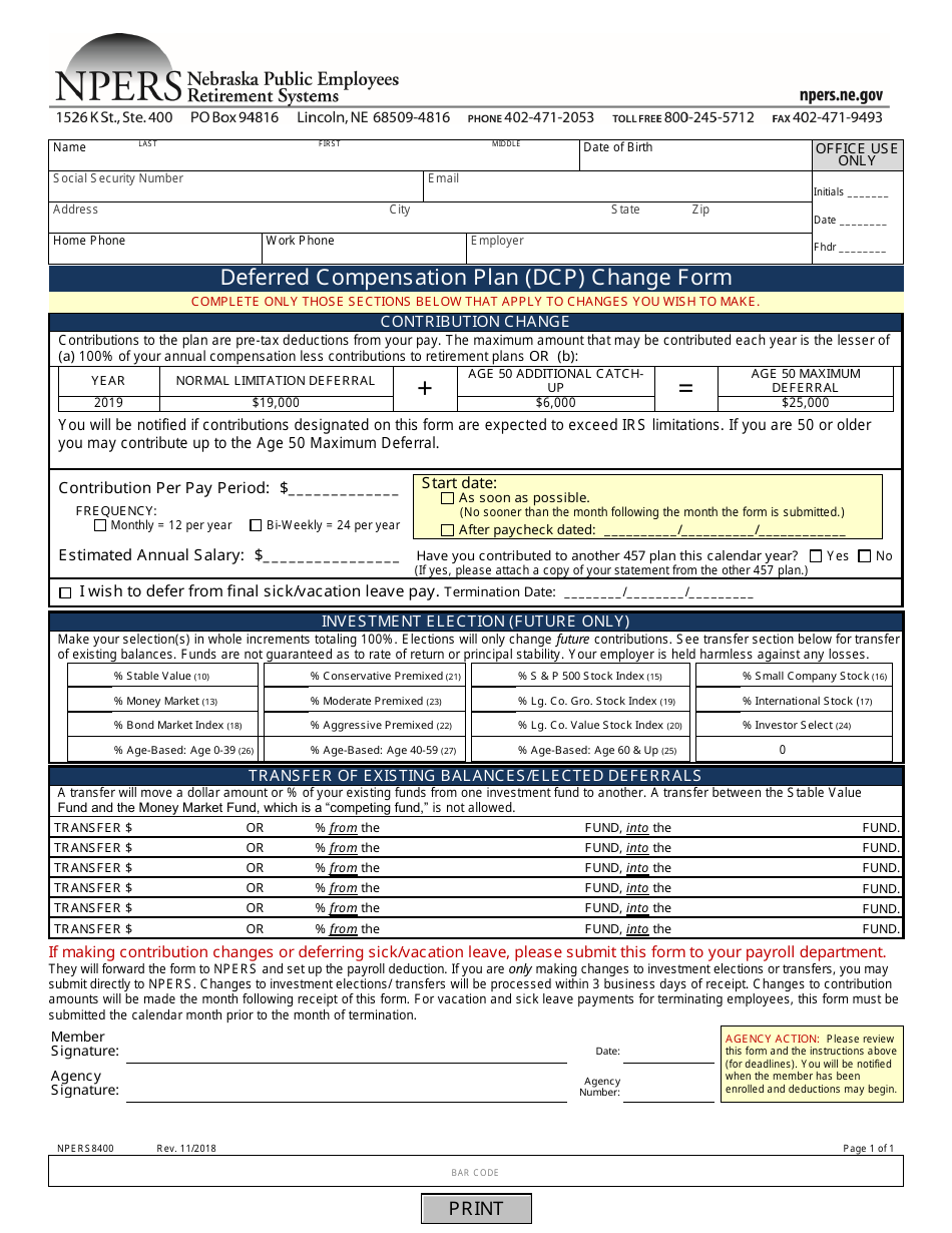 Form NPERS8400 Deferred Compensation Plan (Dcp) Change Form - Nebraska, Page 1