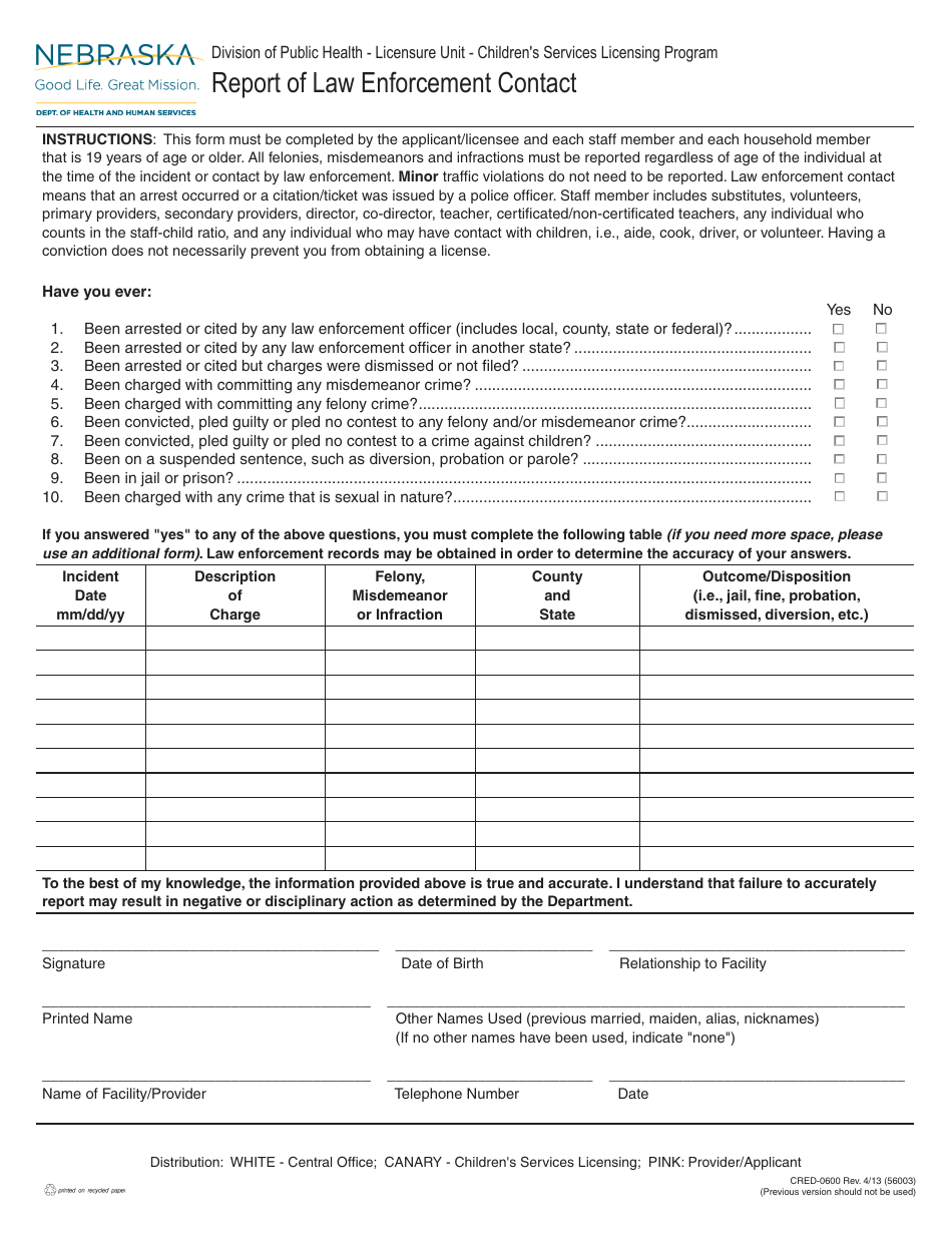 Form CRED-0600 Report of Law Enforcement Contact - Nebraska, Page 1