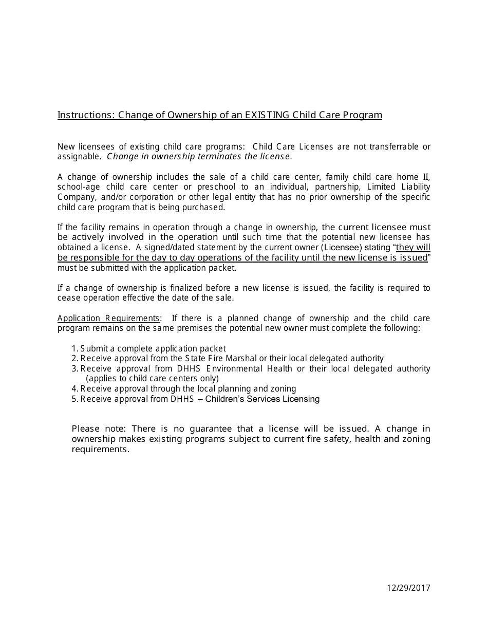 Download Instructions for Change of Ownership of an Existing Child Care