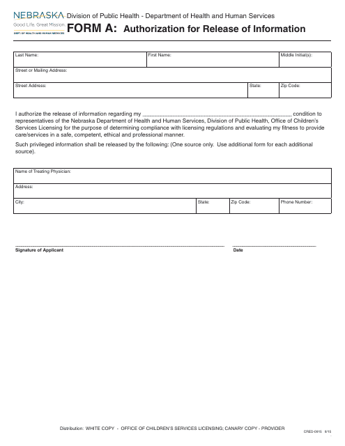 Form CRED-0915 (A) Authorization for Release of Information - Nebraska