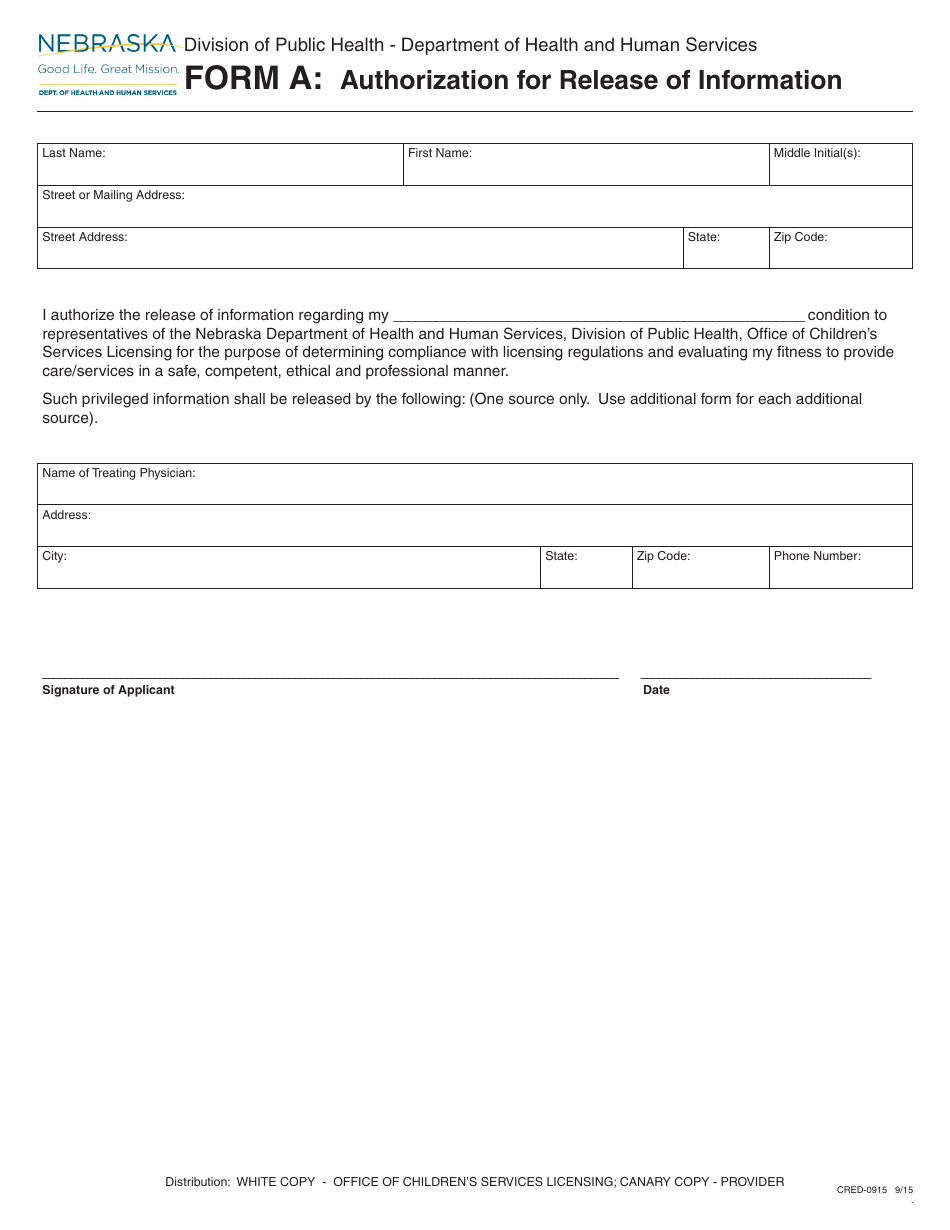 Form CRED-0915 (A) Authorization for Release of Information - Nebraska, Page 1