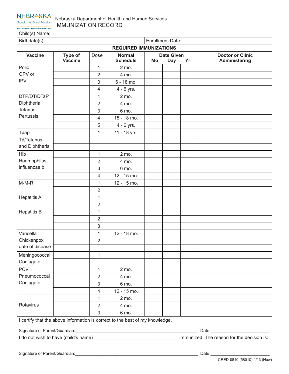 Form CRED-0810 Immunization Record - Nebraska, Page 1