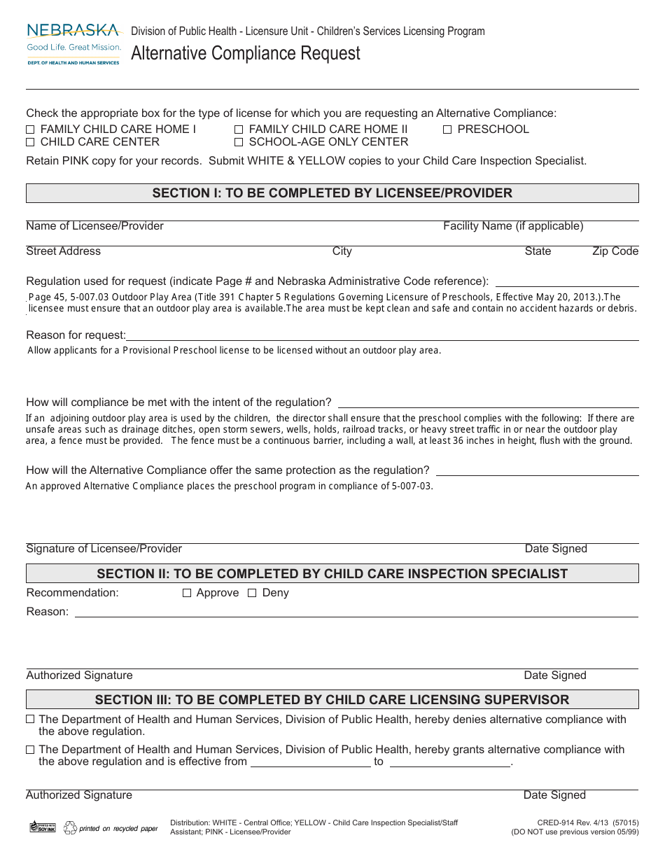 Form CRED-914 Alternative Compliance Request - Nebraska, Page 1