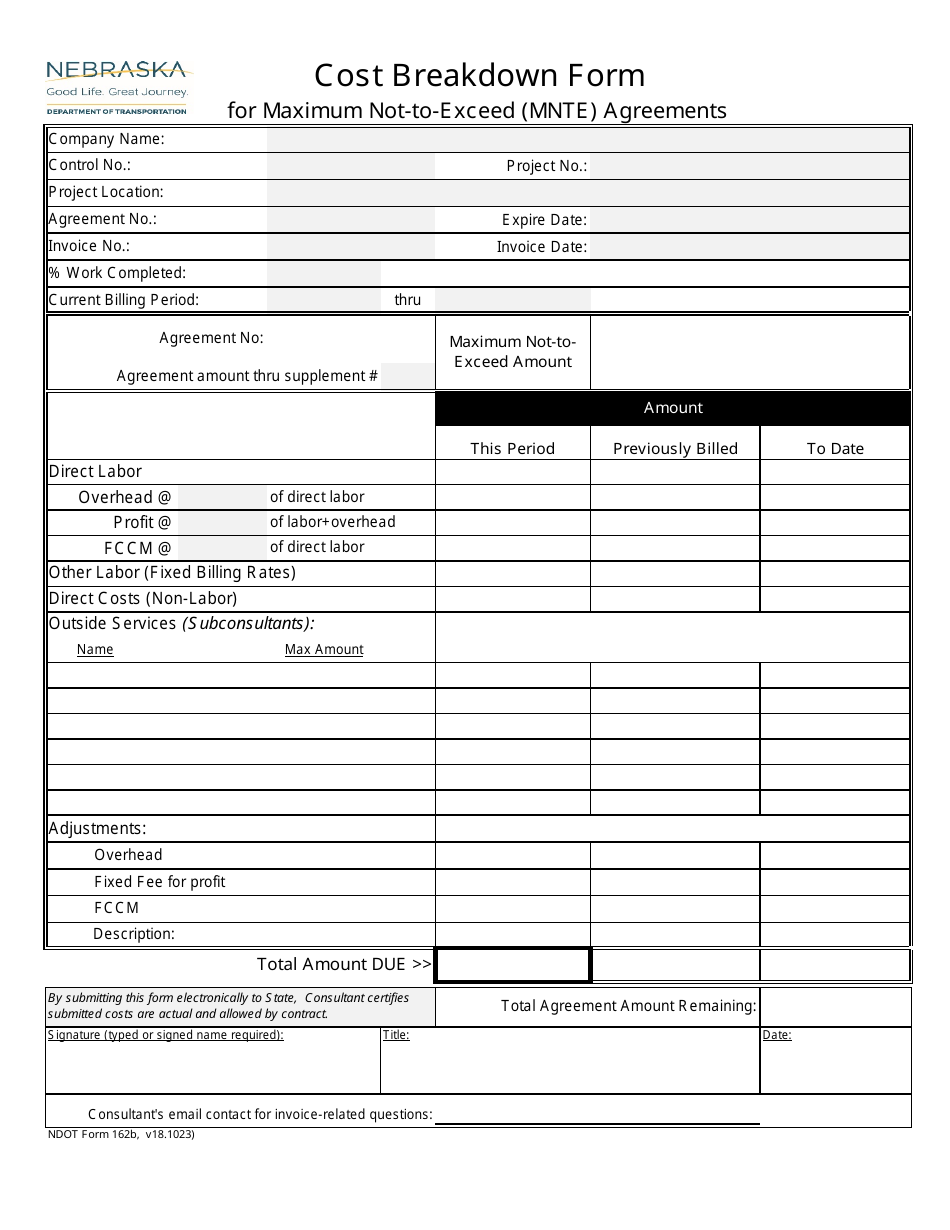 NDOT Form 162B Cost Breakdown Form for Maximum Not-To-Exceed (Mnte) Agreements - Nebraska, Page 1
