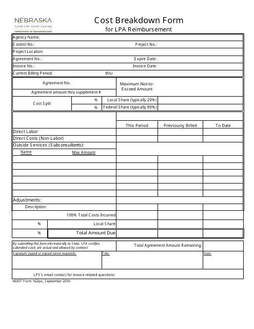 NDOT Form 162LPS Cost Breakdown Form for Lpa Reimbursement - Nebraska