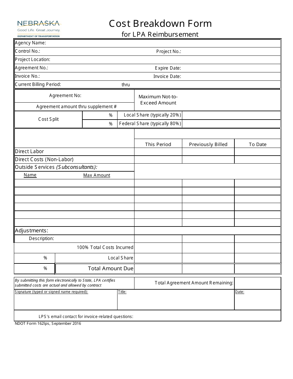 NDOT Form 162LPS Cost Breakdown Form for Lpa Reimbursement - Nebraska, Page 1