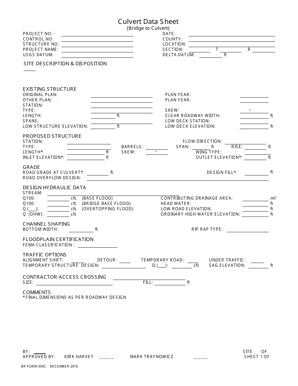 BR Form 359C Culvert Data Sheet - Nebraska, Page 1