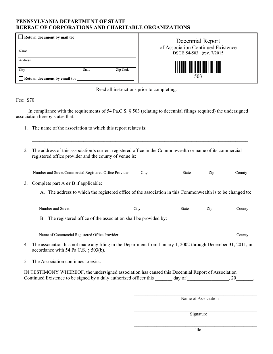 Form DSCB:54-503 Decennial Report of Association Continued Existence - Pennsylvania, Page 1