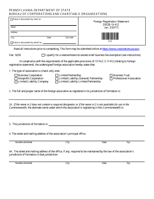Form DSCB:15-412 Foreign Registration Statement - Pennsylvania