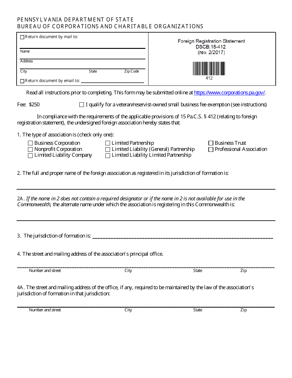 Form DSCB:15-412 - Fill Out, Sign Online and Download Fillable PDF ...