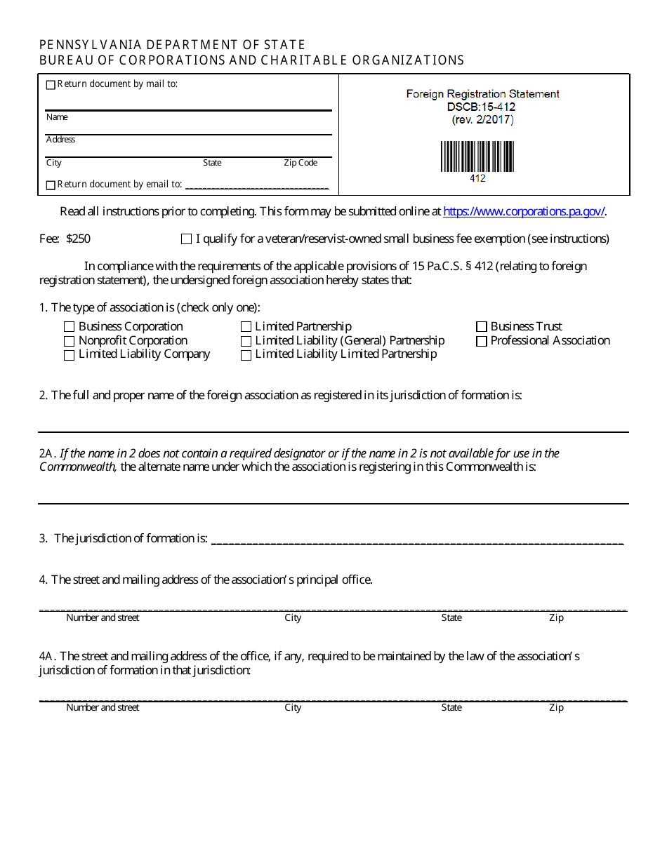 Form DSCB:15-412 Foreign Registration Statement - Pennsylvania, Page 1