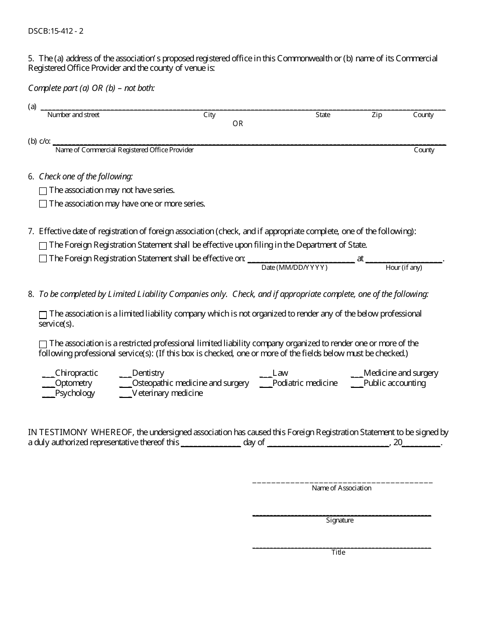 Form DSCB:15-412 Foreign Registration Statement - Pennsylvania, Page 2