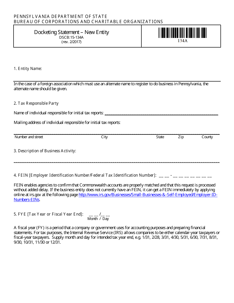 Form DSCB:15-134A Docketing Statement - New Entity - Pennsylvania, Page 1