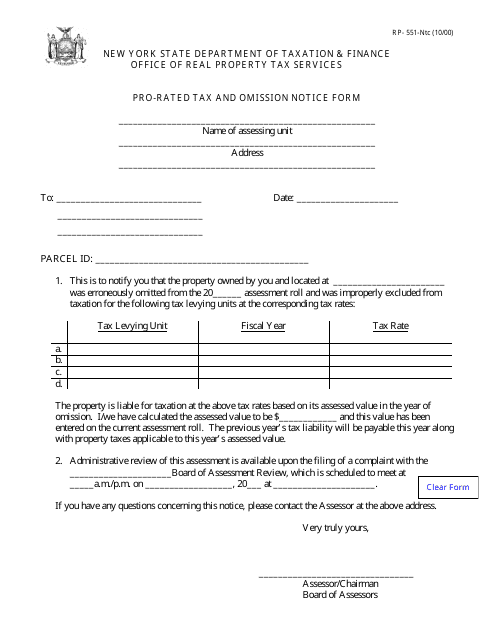 Form RP-551-NTC Pro-Rated Tax and Omission Notice Form - New York