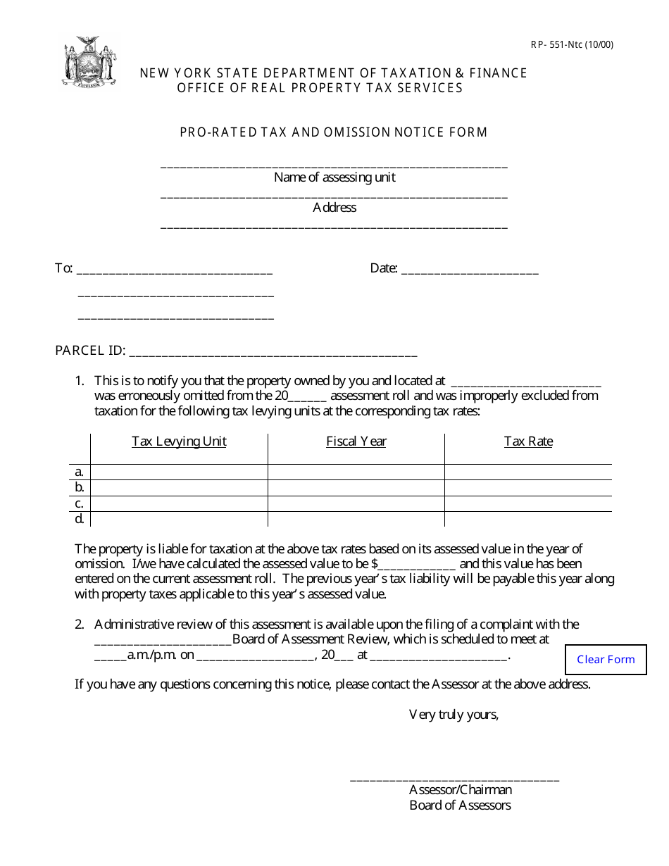 Form RP-551-NTC Pro-Rated Tax and Omission Notice Form - New York, Page 1