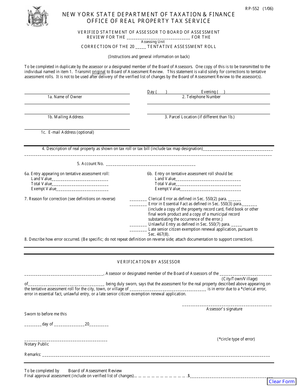 Form RP-552 Verified Statement of Assessor to Board of Assessment Review - New York, Page 1