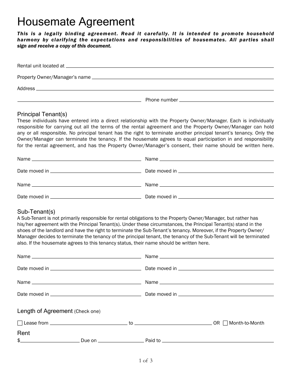 Housemate Agreement Template, Page 1