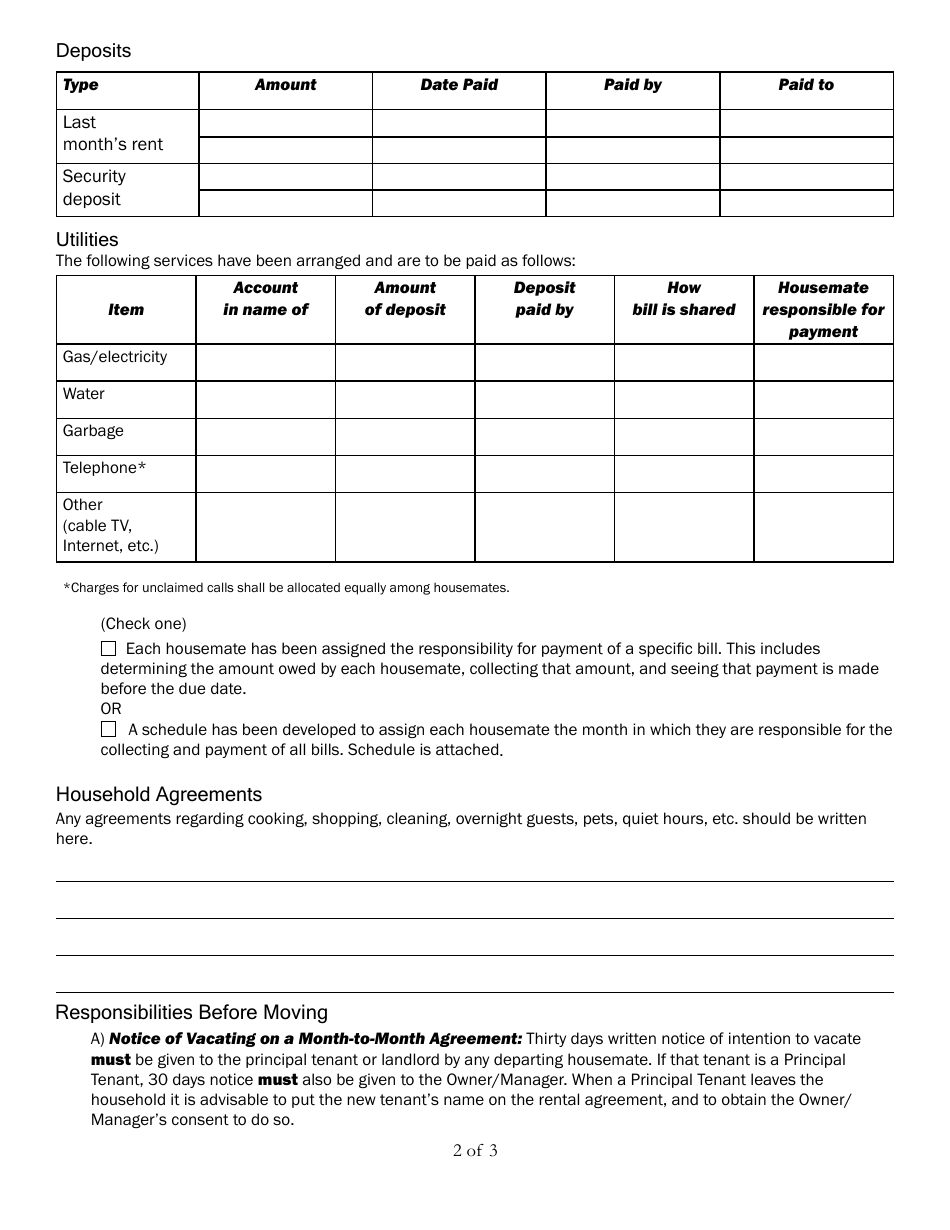 Housemate Agreement Template, Page 2