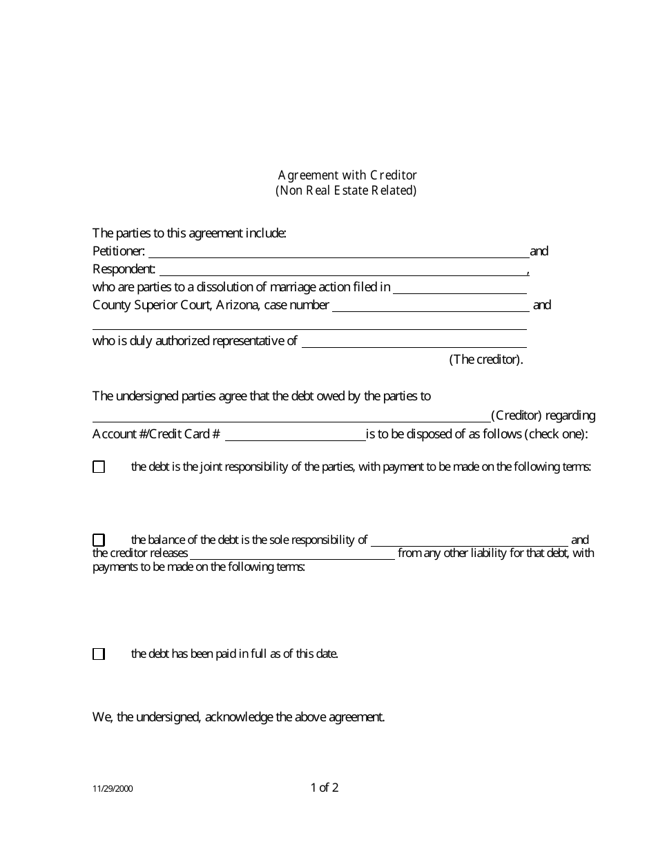 Agreement With Creditor Template (Non Real Estate Related) - Arizona, Page 1