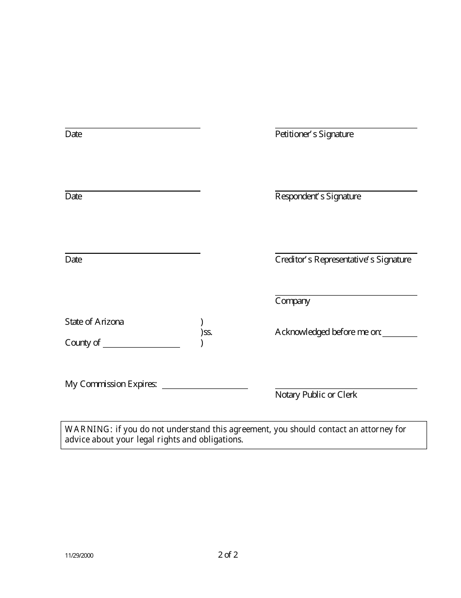 Arizona Agreement With Creditor Template (Non Real Estate Related ...