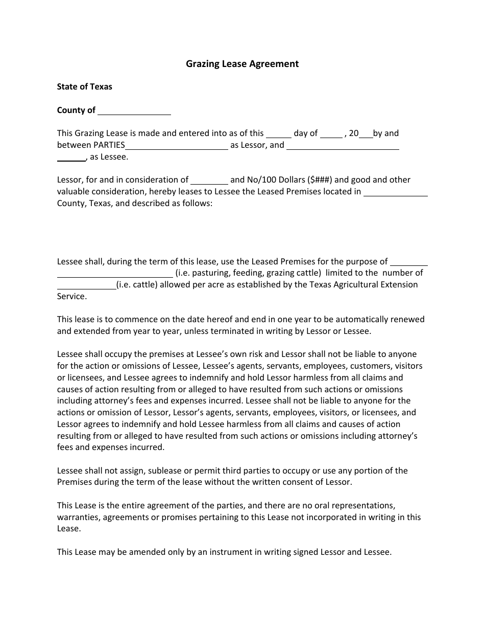 Grazing Lease Agreement Template - Texas, Page 1