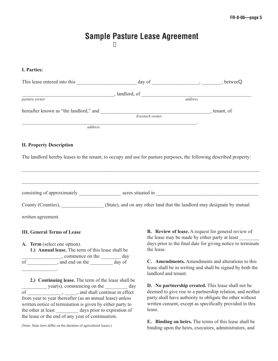 Sample Pasture Lease Agreement Template, Page 1