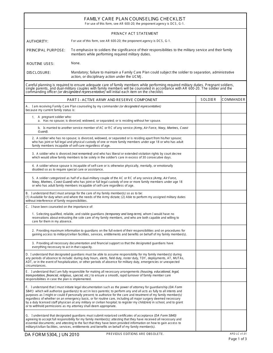 DA Form 5304 Family Care Plan Counseling Checklist, Page 1