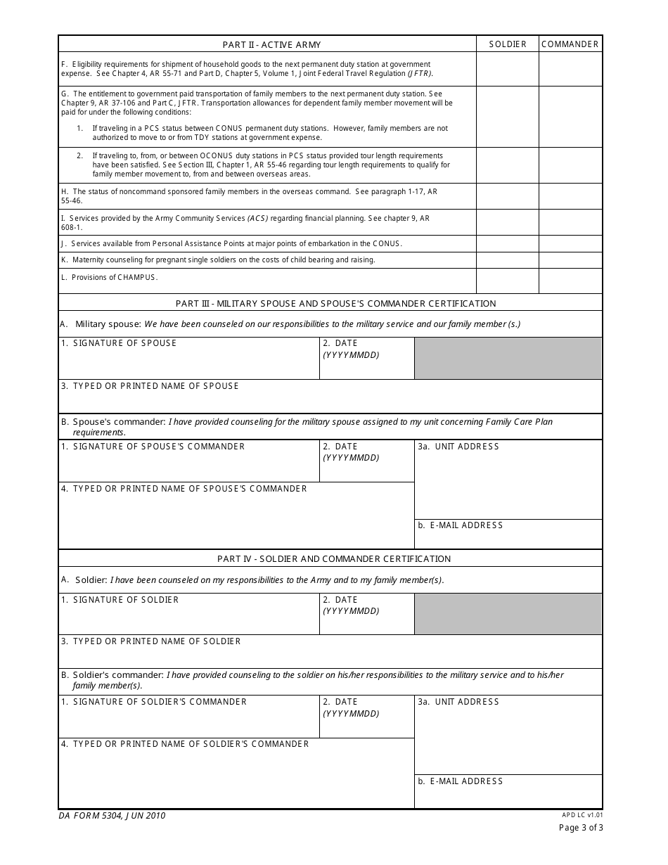 DA Form 5304 Family Care Plan Counseling Checklist, Page 3