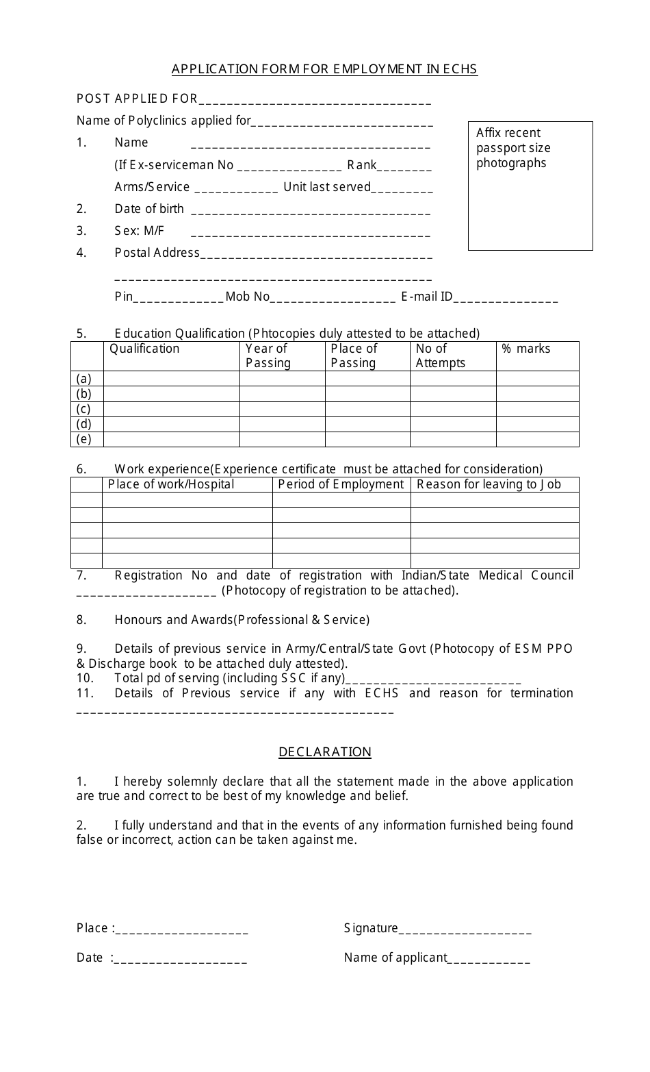 Application Form for Employment in Echs - India, Page 1
