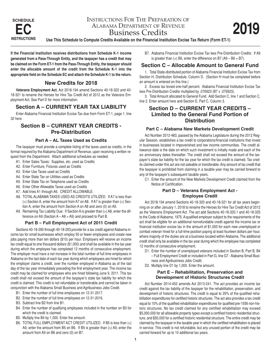 Download Instructions for Form ET1 Schedule EC Business Credits PDF